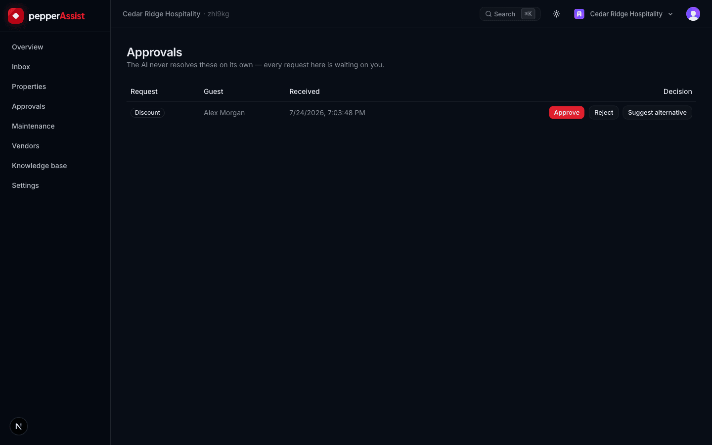 pepperAssist approvals page showing a pending refund request with Approve, Reject, and Suggest alternative actions