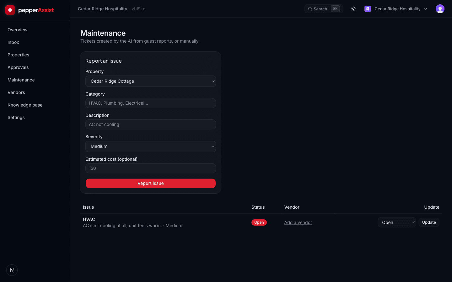 pepperAssist maintenance report form confirming an issue was reported for a property