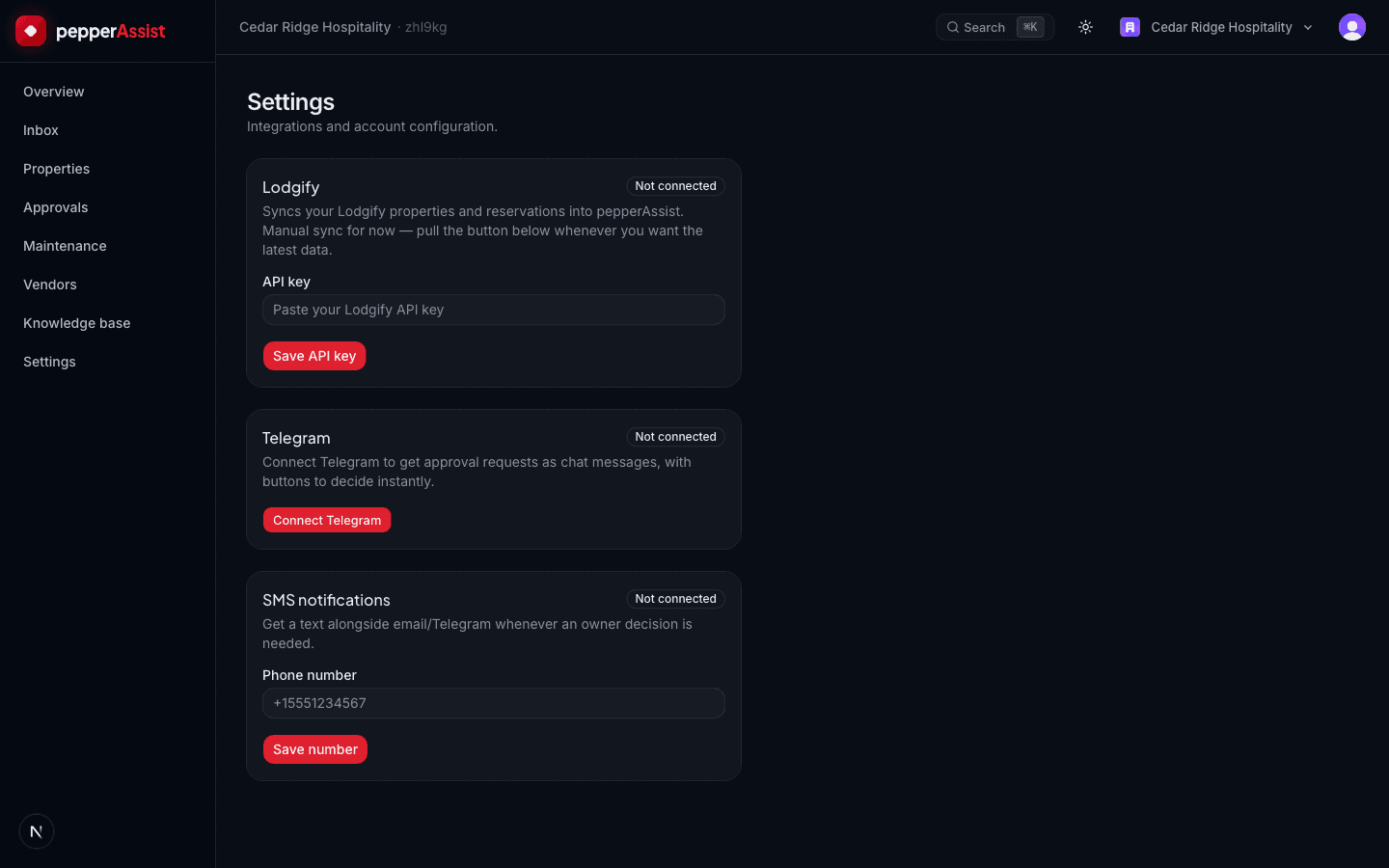 pepperAssist settings page showing a connected Lodgify integration and a Telegram notification card